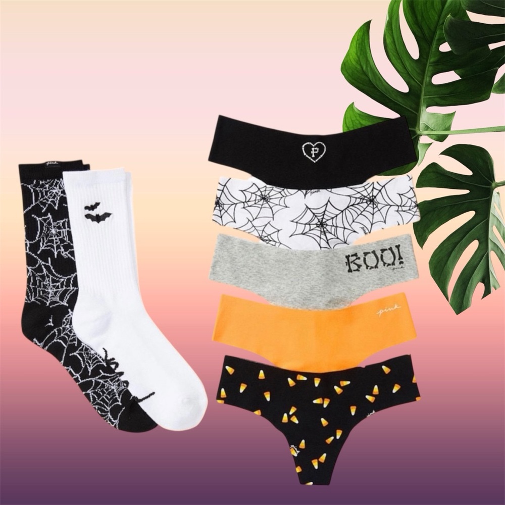PINK 5-PACK NO-SHOW THONG HALLOWEEN PANTY SIZE XL and socks bundle
